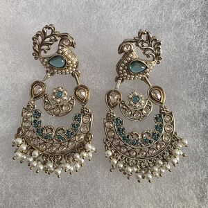 Elegant Gold and Teal Peacock Earrings